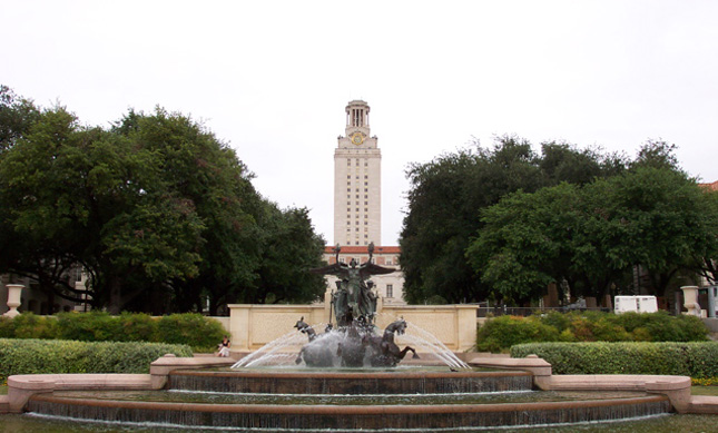 University of Texas main tower with fountain in the foreground.